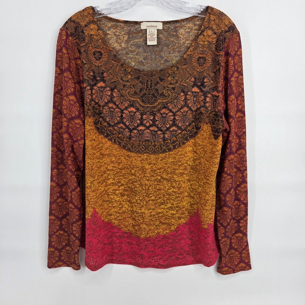 Sundance Long Sleeve Top L Orange Pink Boho Eclectic Art-Inspired Paisley Lace